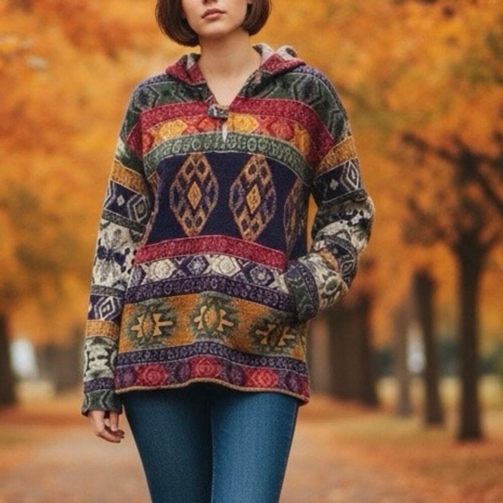Vtg. 90s Aztec Woven Hoodie Southwestern Baja Pullover Wool Blend Boxy Size M